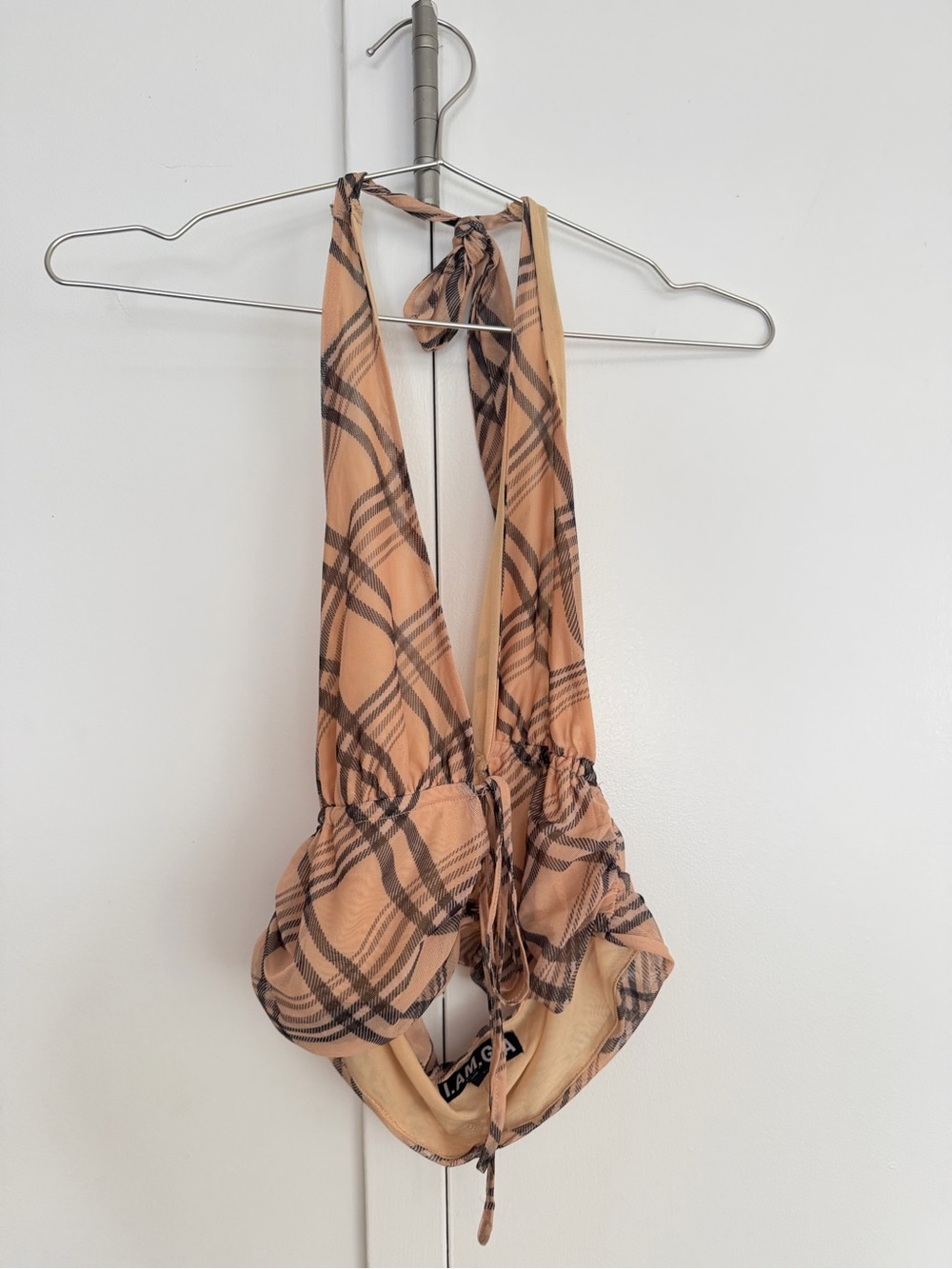 I.AM.GIA Peach Plaid Halter Scarf Top